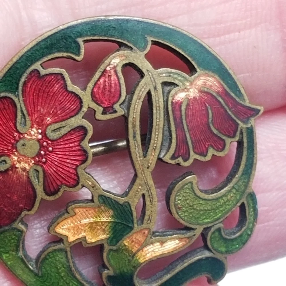 Antique brooch pin poppy flowers floral gold tone Victorian Edwardian red